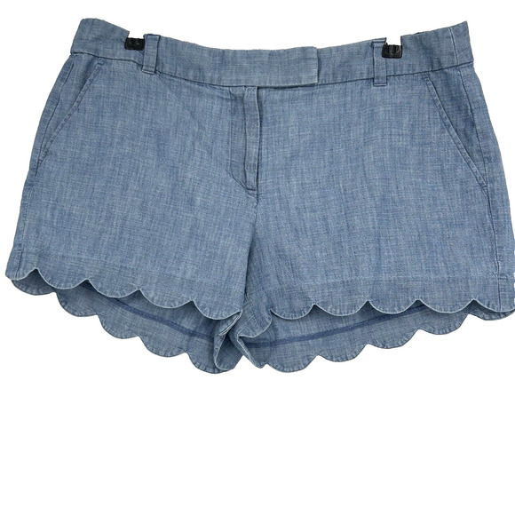 J Crew Blue Chambray Shorts Scallop Trim Slash Pockets 4" Inseam Size 14 - Picture 1 of 9
